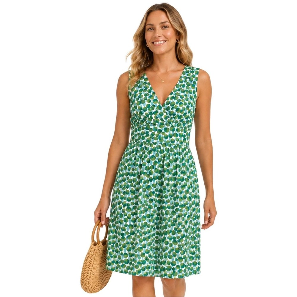 Boden Dress Womens US 6R Green Blue Abstract Polka Dot V-Neck Sleeveless Cotton